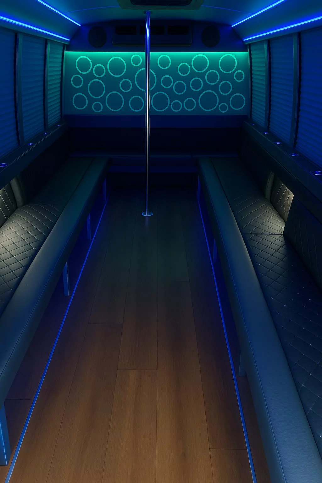 Representative 16 Passenger Party Bus cabin