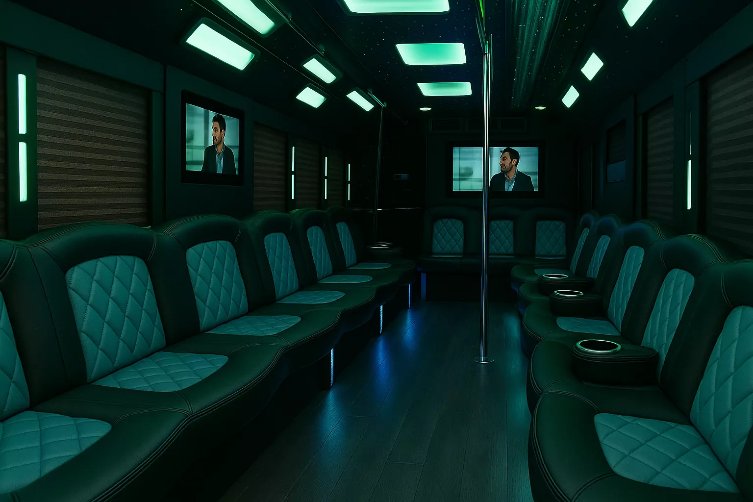 Representative 24 Passenger Party Bus cabin