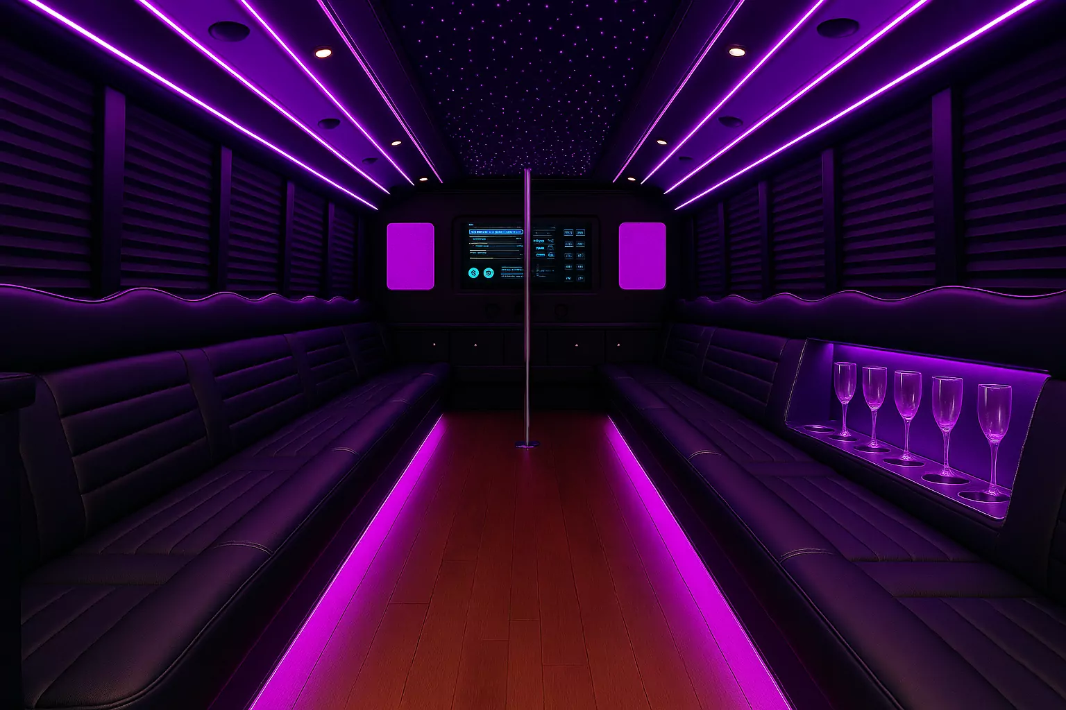 Representative 32 Passenger Party Bus cabin