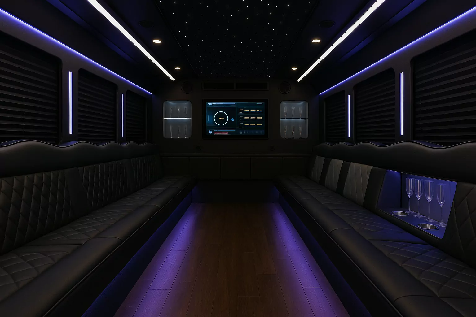 Representative 34 Passenger Party Bus cabin