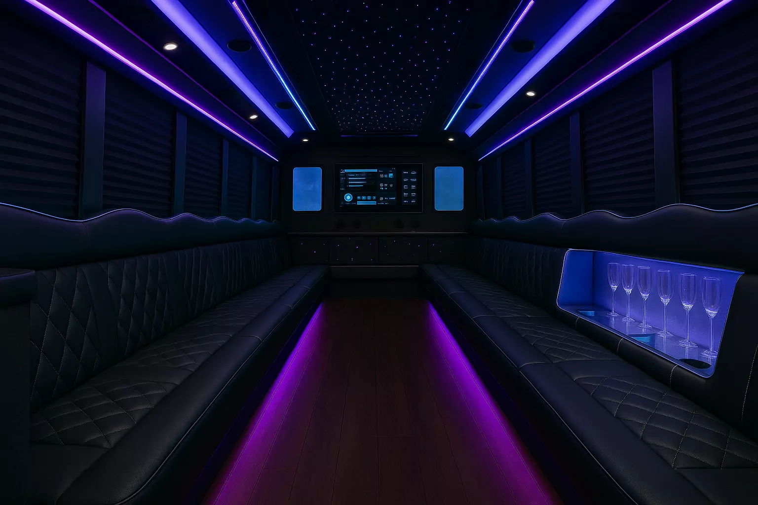 Representative 38 Passenger Party Bus cabin