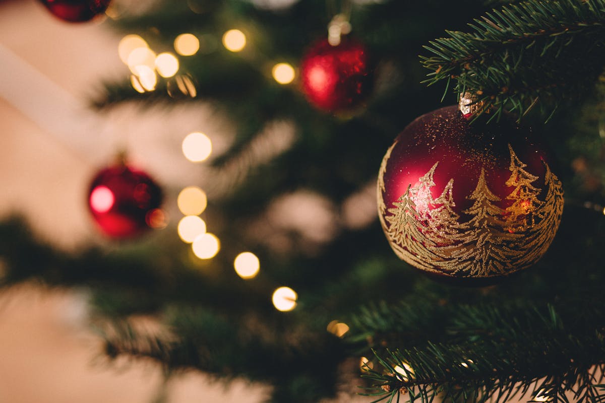 Christmas tree with red ornaments and string lights