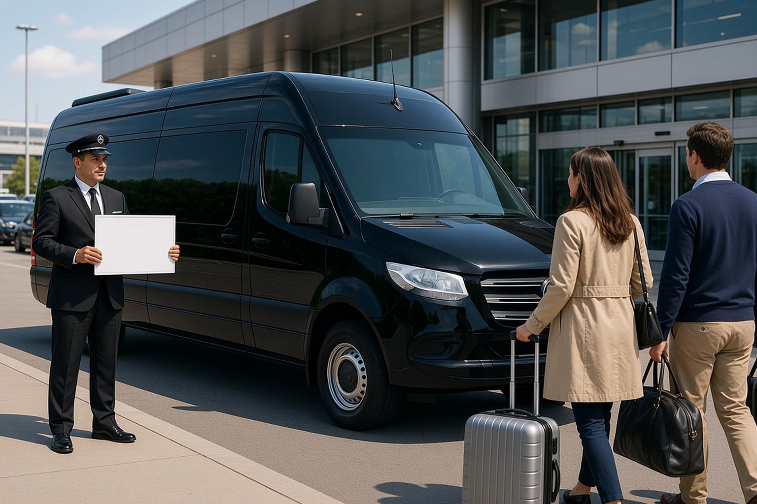 Black Sprinter waiting at an airport arrivals curb