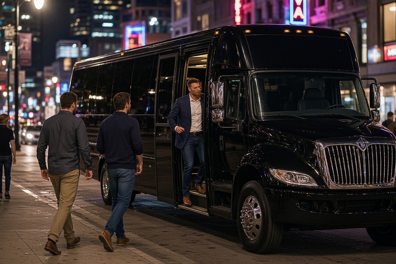 Men stepping off a party bus onto a nightlife street