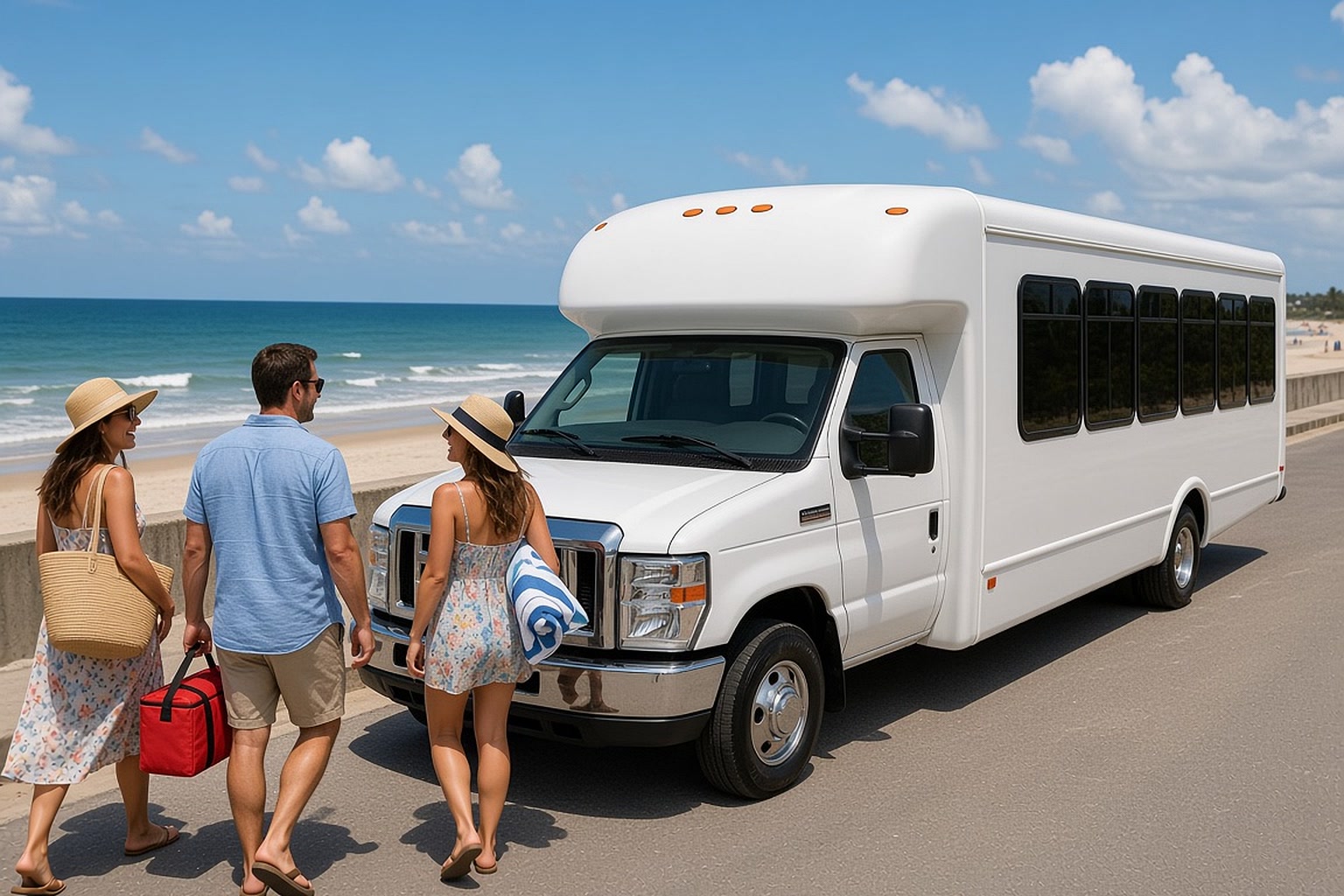 White shuttle parked on a seawall road with the beach behind it