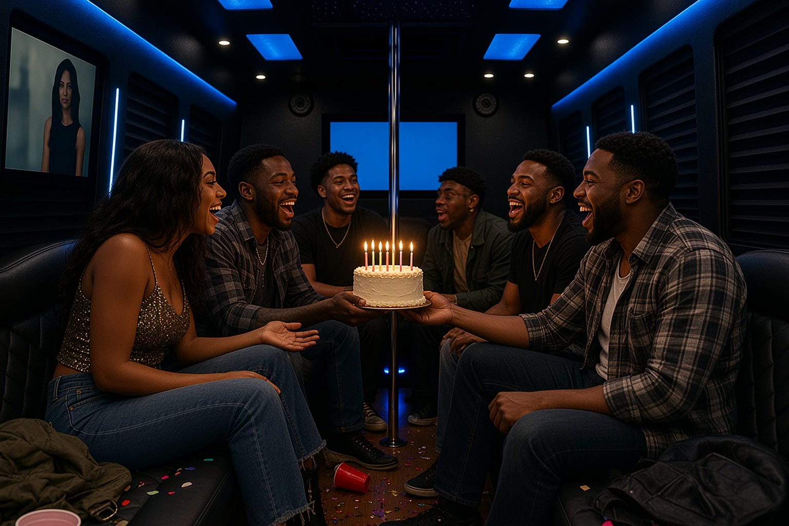 Friends singing to a birthday cake inside a party bus
