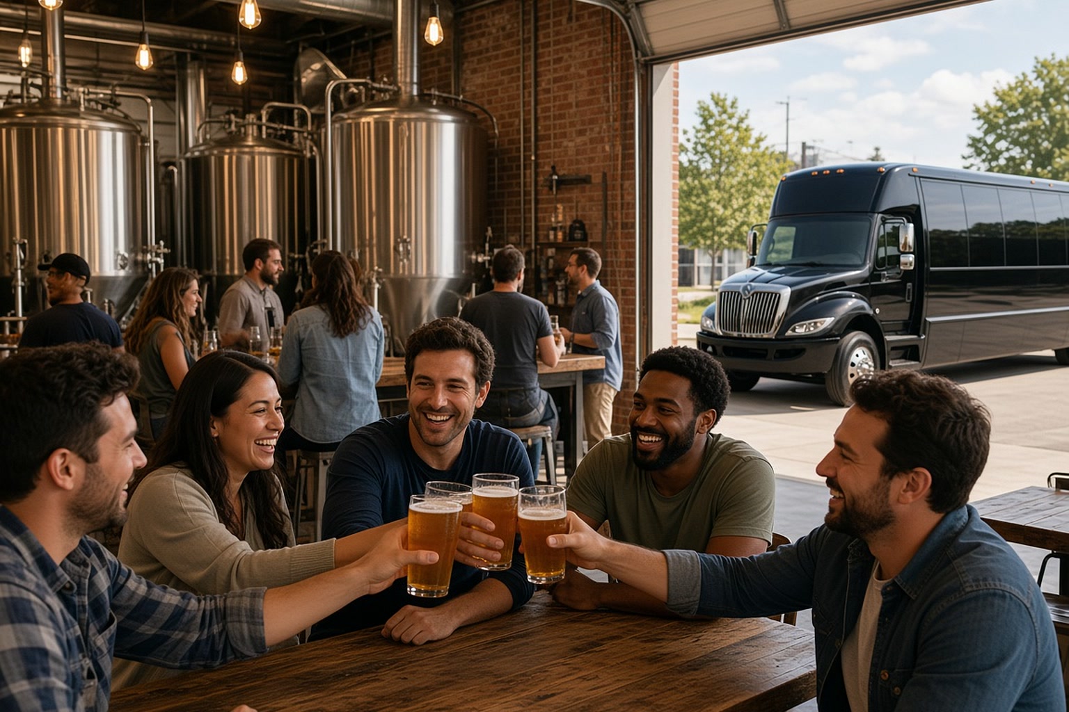 Friends toasting in a brewery taproom, party bus outside