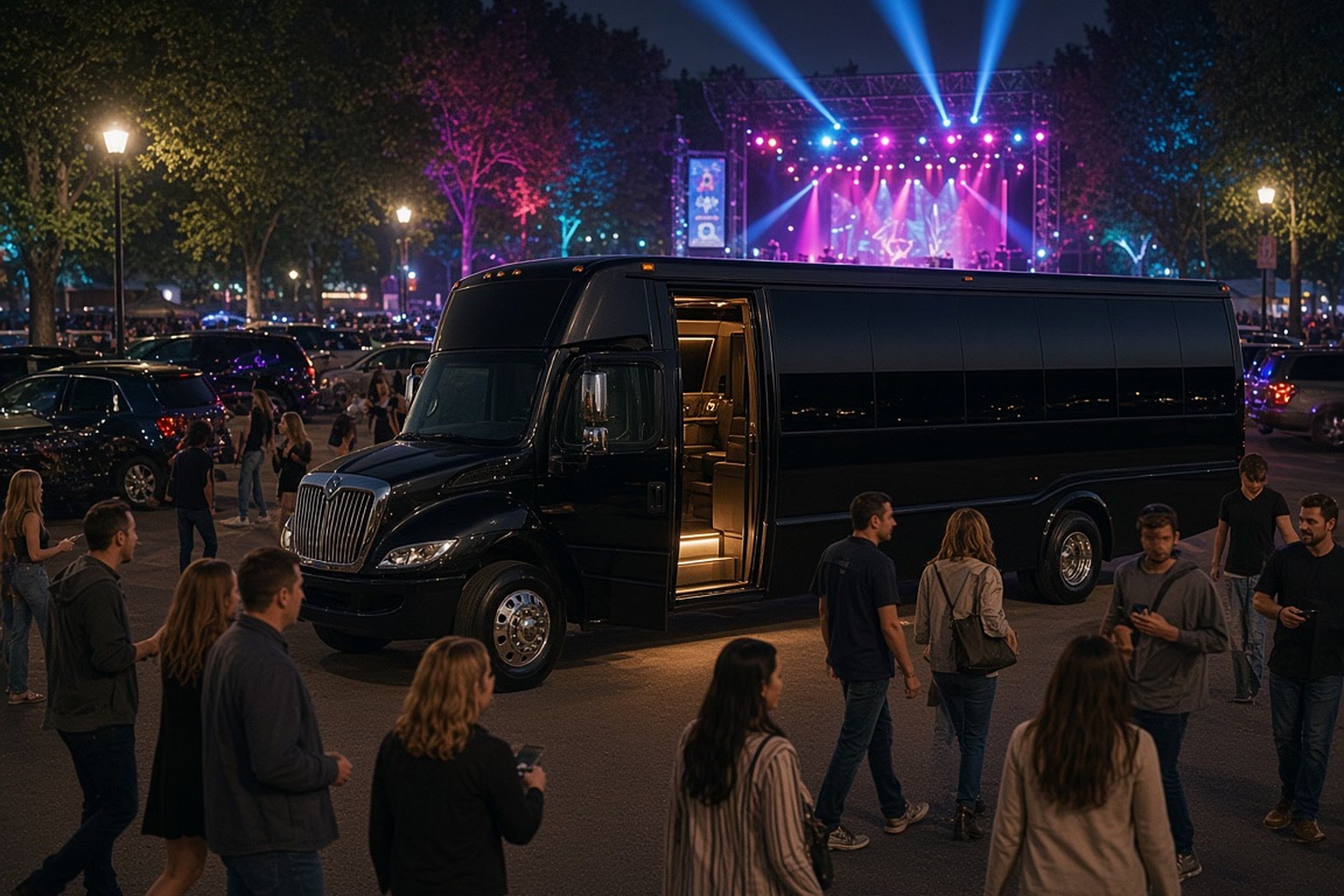 Concert crowd walking toward waiting party buses