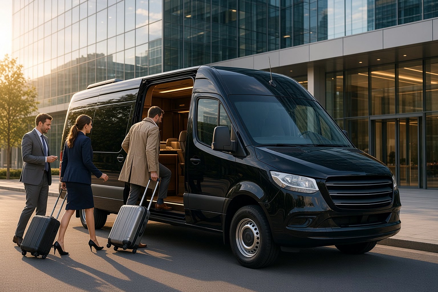 Business travellers boarding a black Sprinter outside an office tower