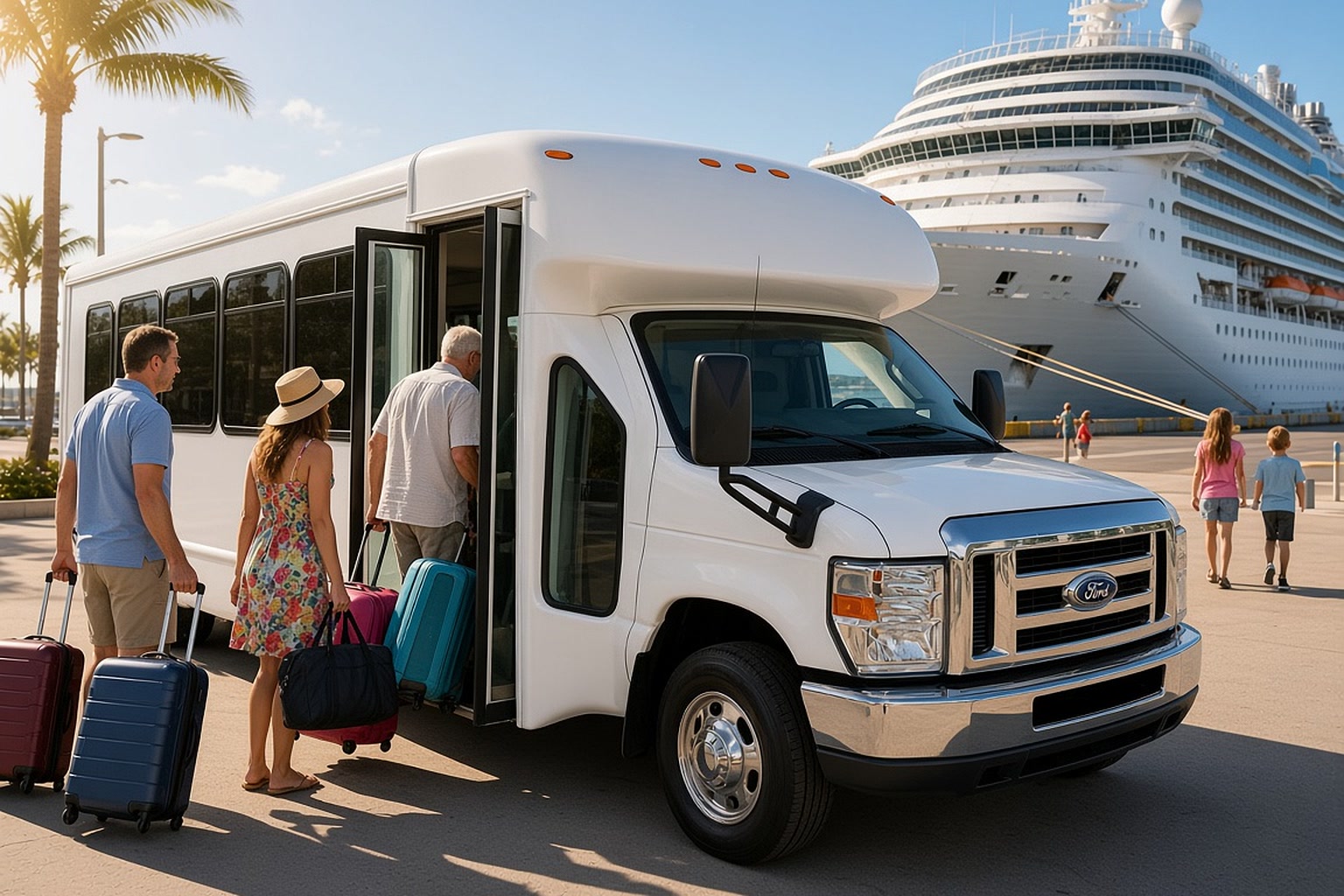 Family unloading luggage from a shuttle at a cruise terminal