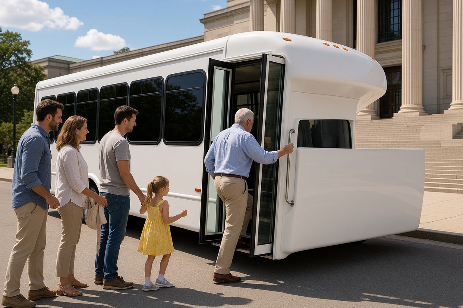 Three generations boarding a white shuttle outside a museum