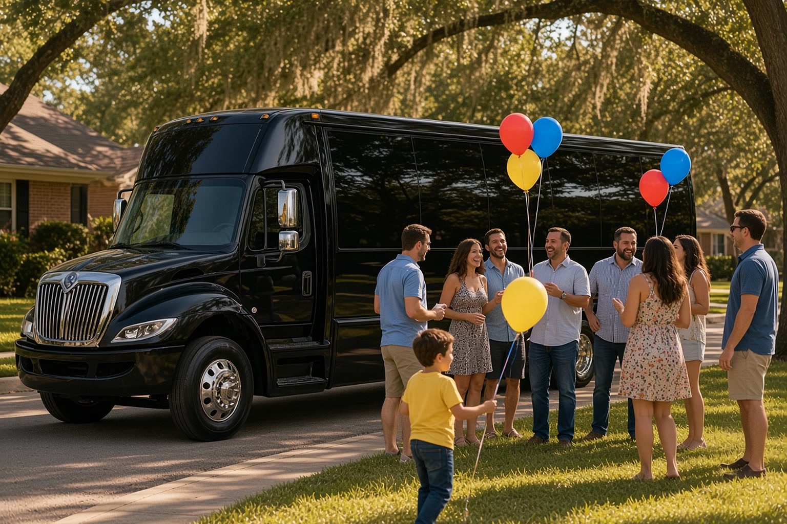 Family birthday group with balloons beside a party bus