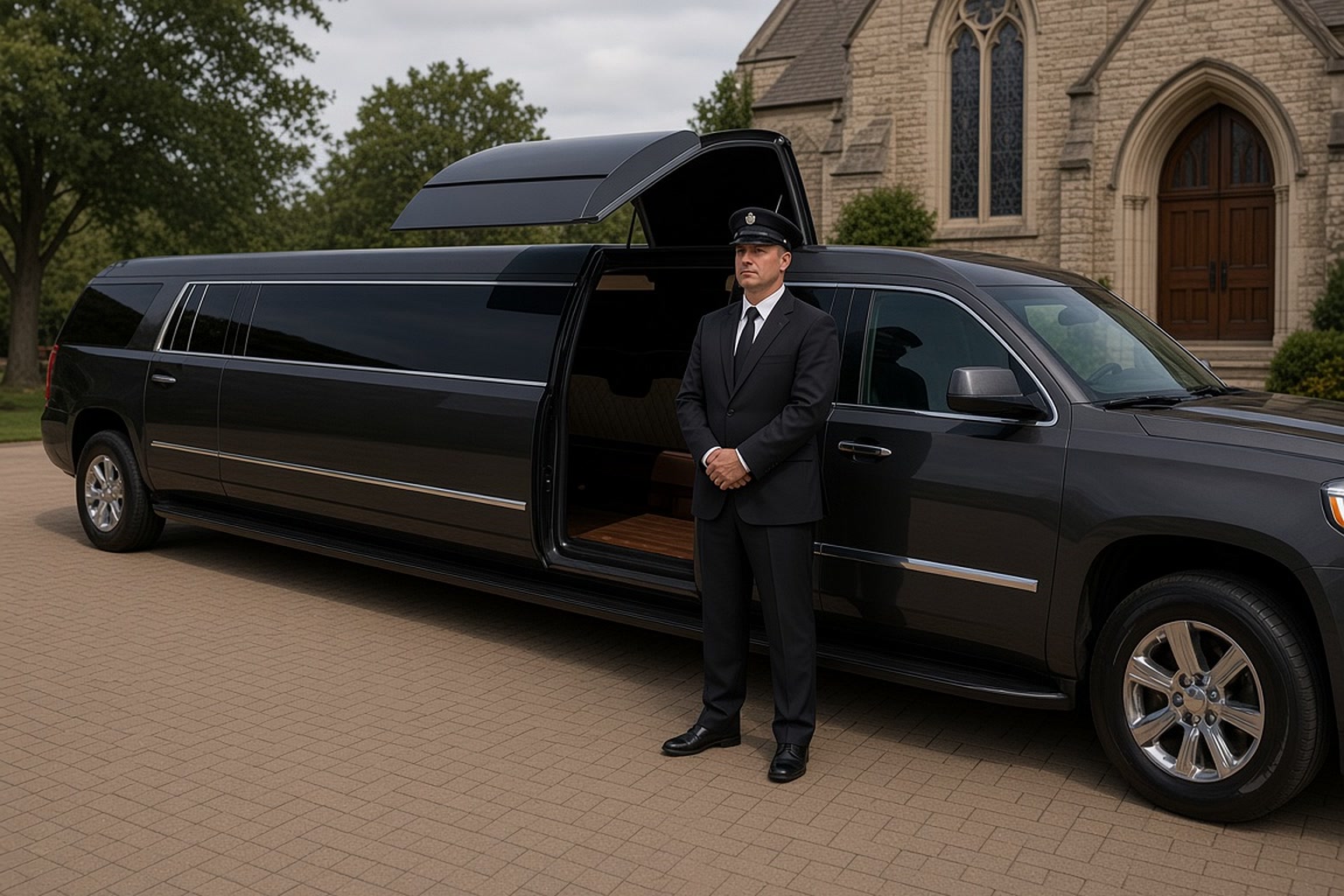 Black stretch SUV limousine with a driver waiting outside a church