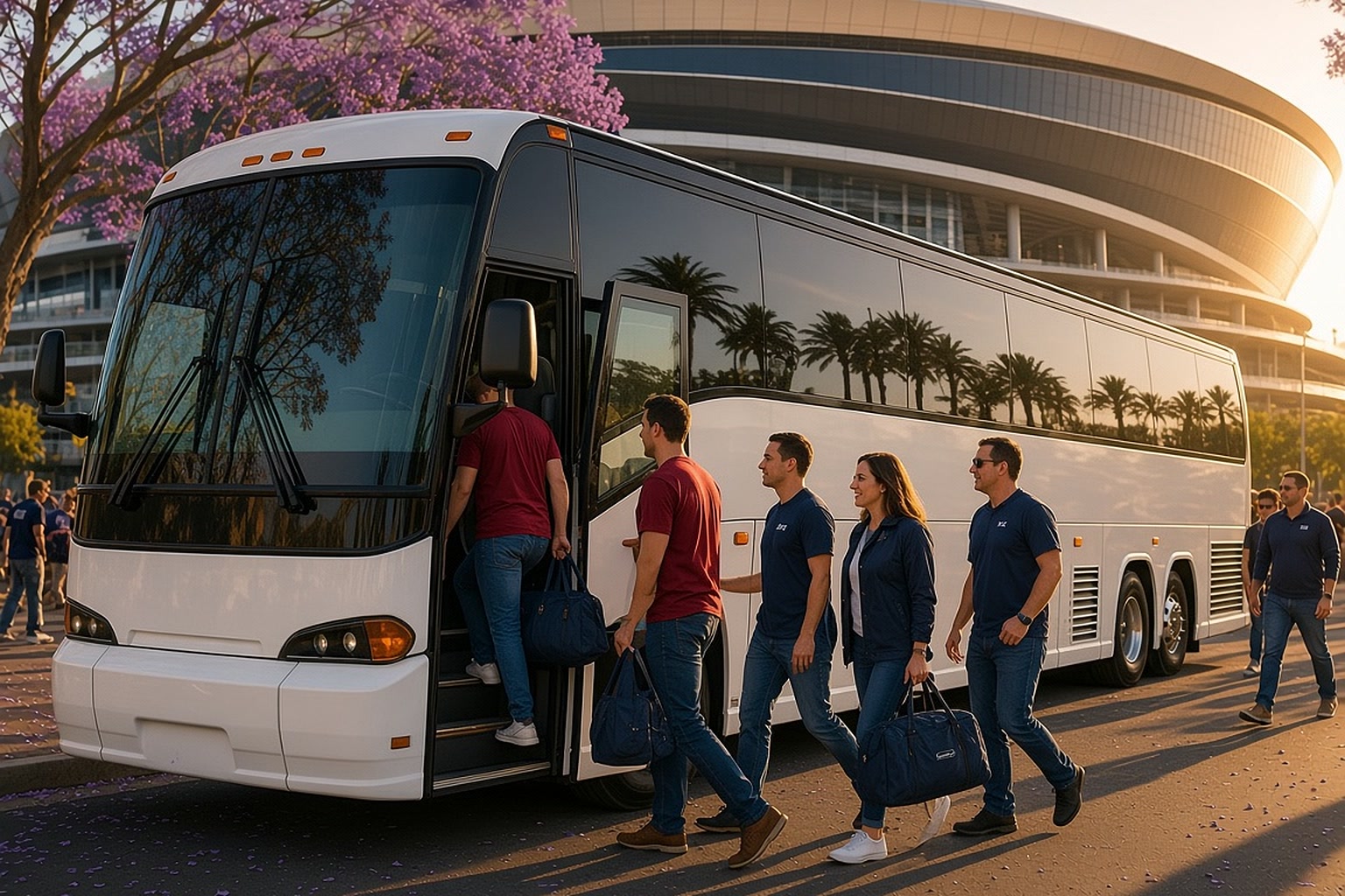 Fans boarding a coach bus outside a stadium