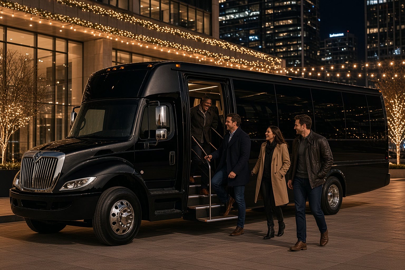 Office holiday group boarding a party bus under string lights