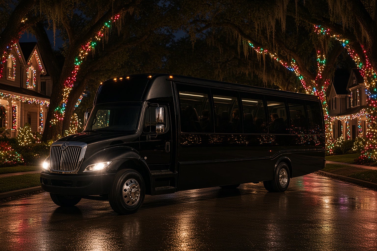 Party bus driving past houses covered in Christmas lights