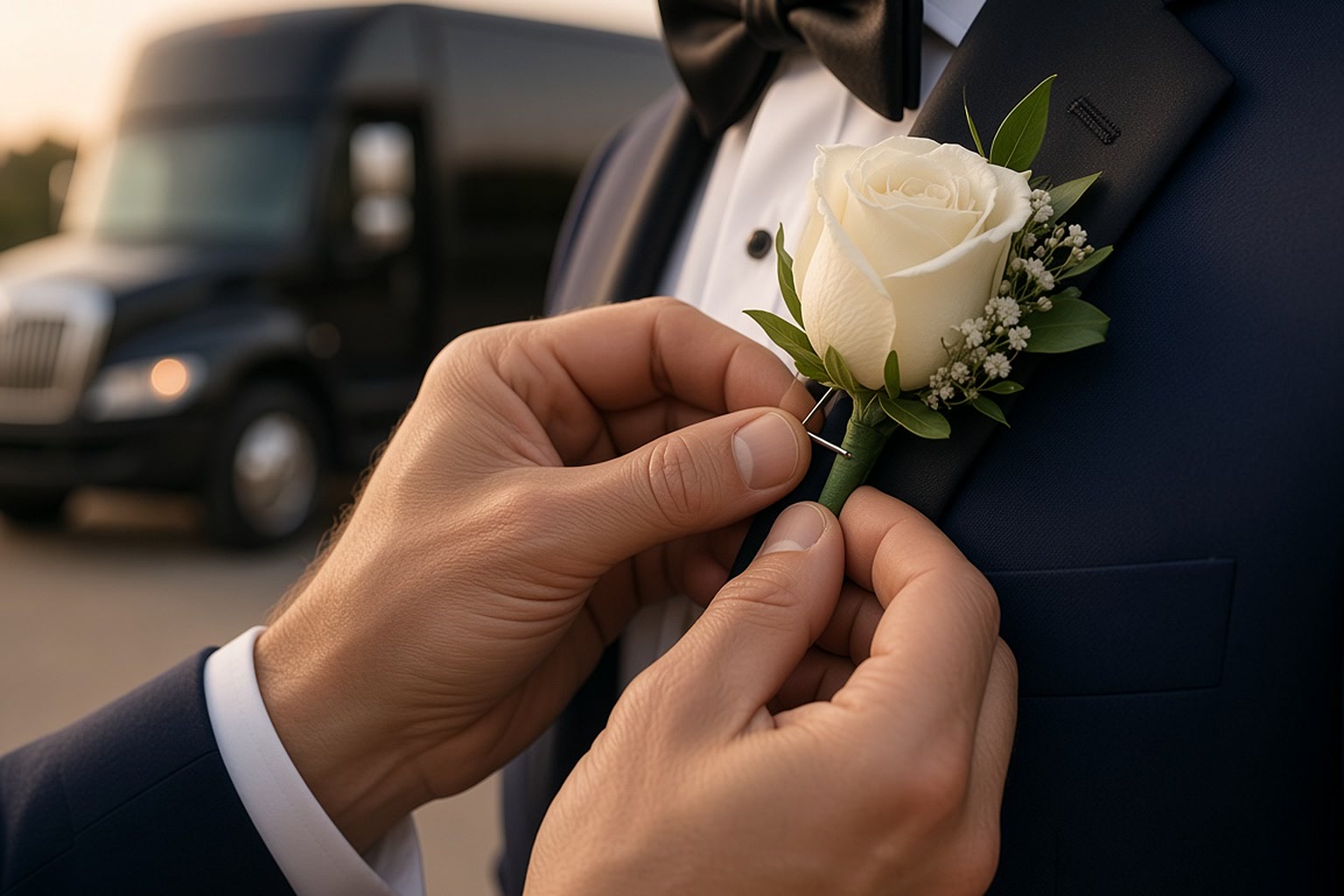 Hands pinning a white rose boutonniere onto a navy tuxedo