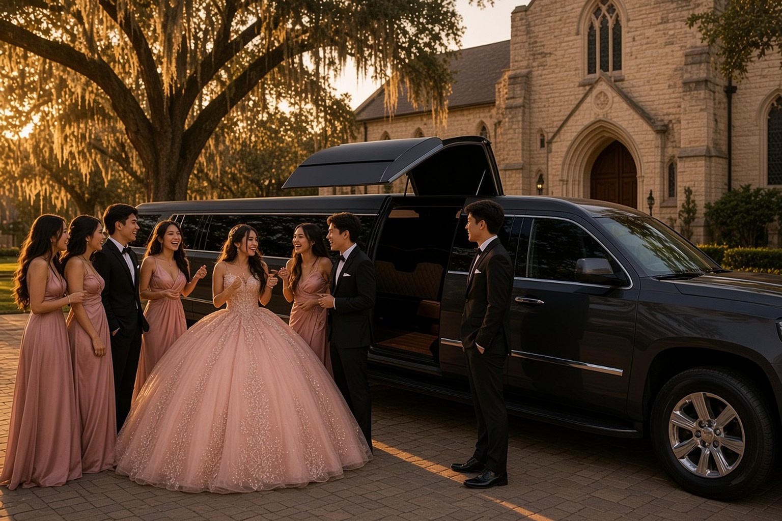 Quinceañera court posing beside a black stretch SUV limousine