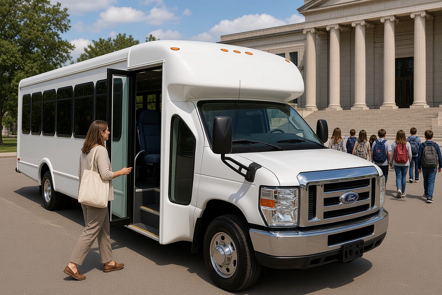 Teacher lining students up beside a white shuttle at a museum