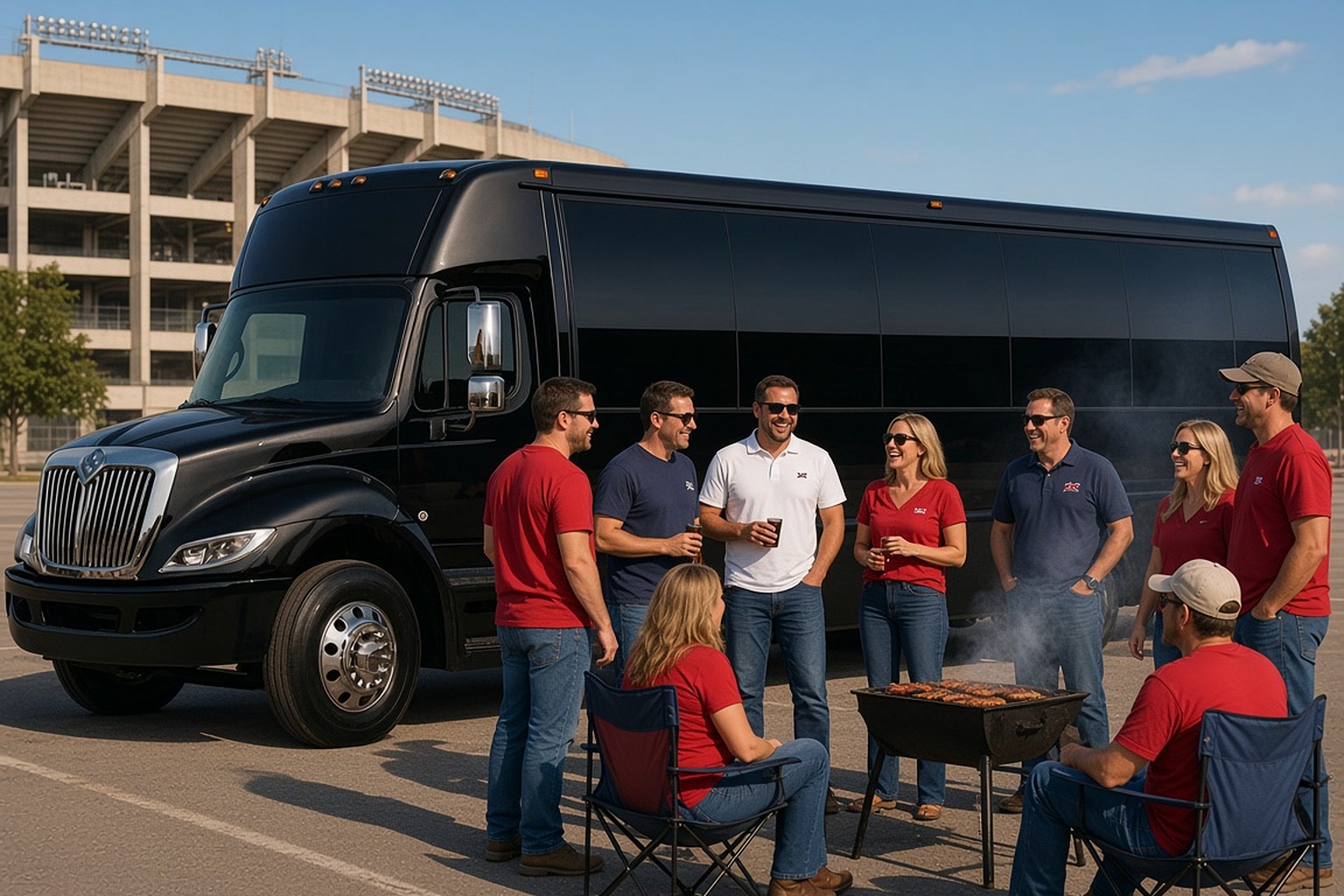Football fans tailgating beside a black party bus