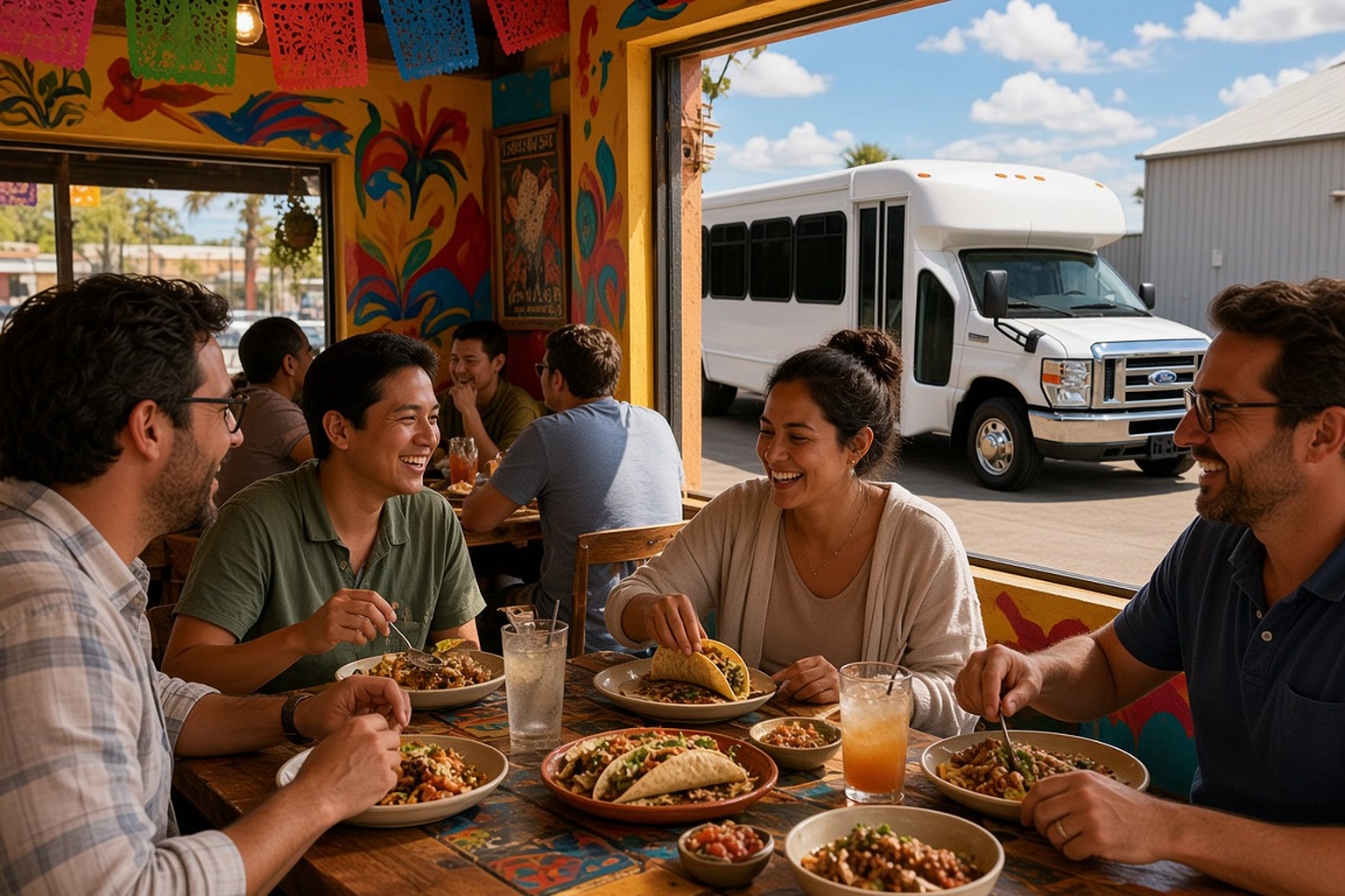 Friends sharing plates at a taqueria, shuttle visible outside