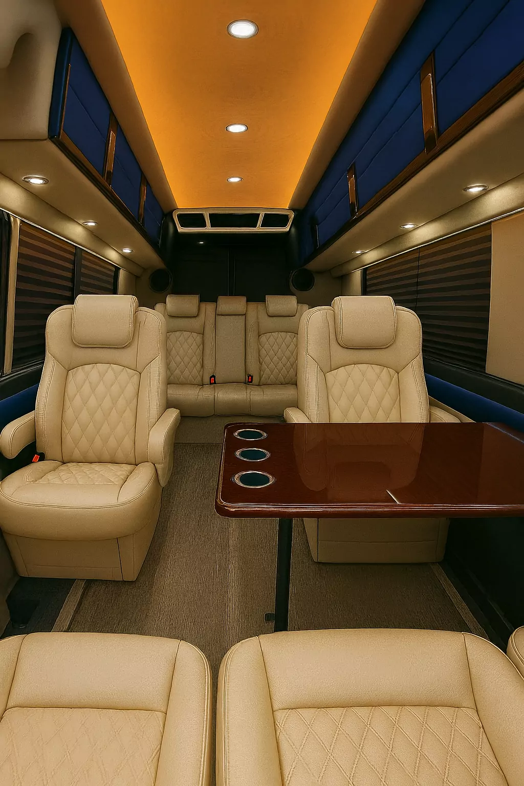 Interior of a 12 passenger executive Sprinter with forward-facing captain's chairs