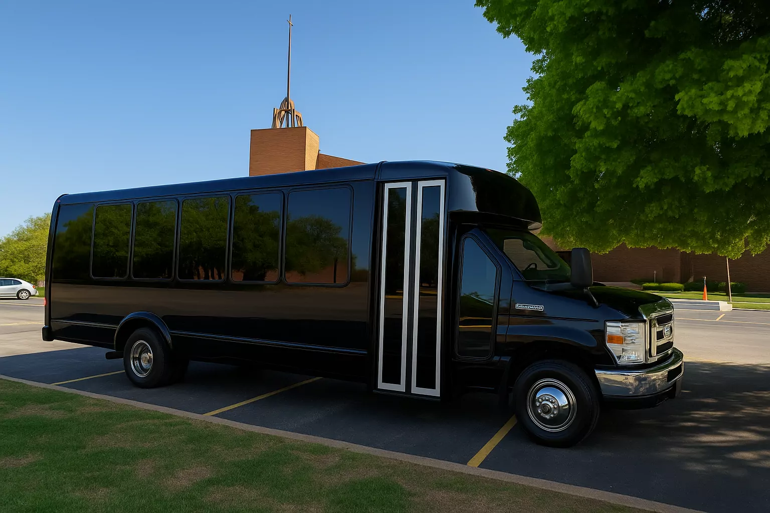 Black 22-passenger party bus parked in an open lot