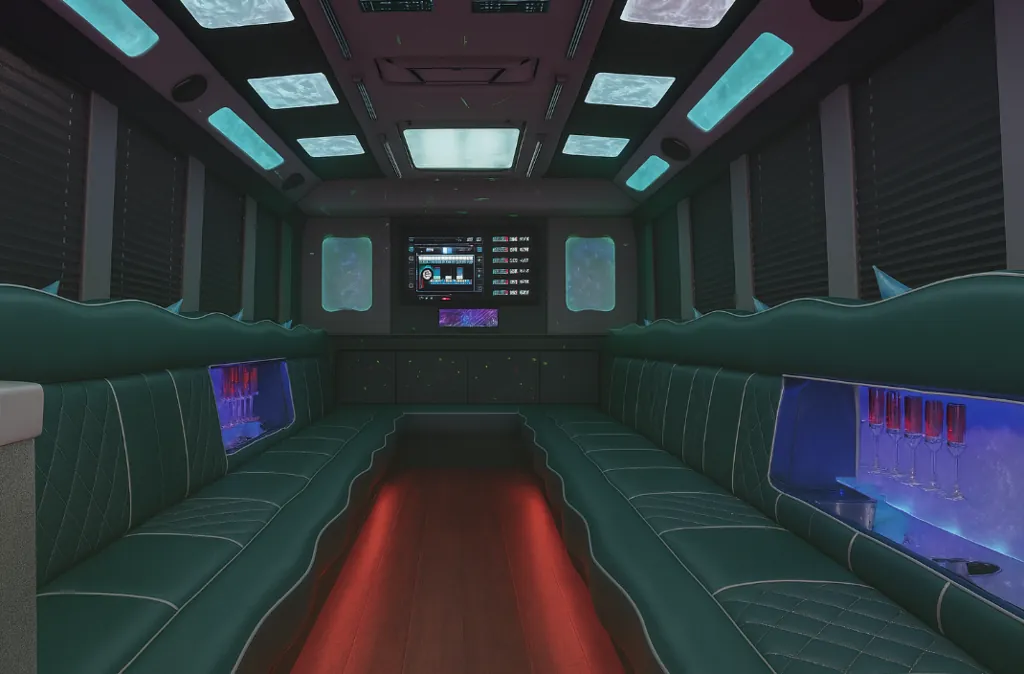 Teal-lit wraparound lounge seating with red floor lighting and a bar inside a 36-passenger party bus
